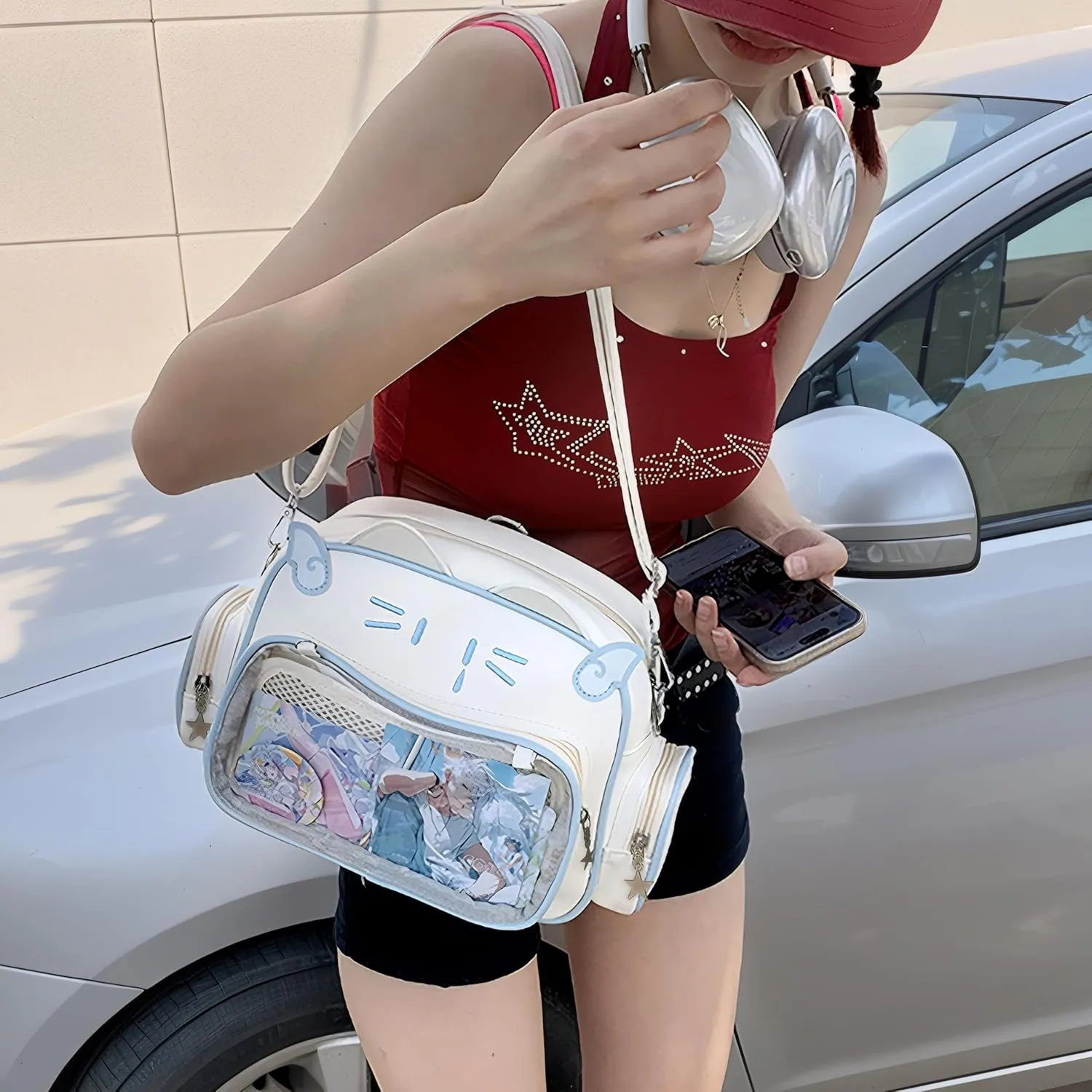 Cute Cat Ita Bag Backpack Crossbody Bag for Girls Kawaii Shoulder Bags Pin Display Backpack with Insert (White)