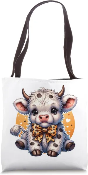 Cute Highland Cow Farm Animal with Leopard Bow Tote Bag
