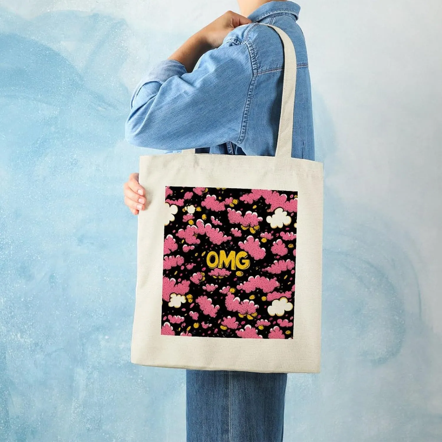 Cute Print Canvas Lightweight Tote Bags Casual Handbags Reusable Grocery Shopping Bag 13.4x15.8in