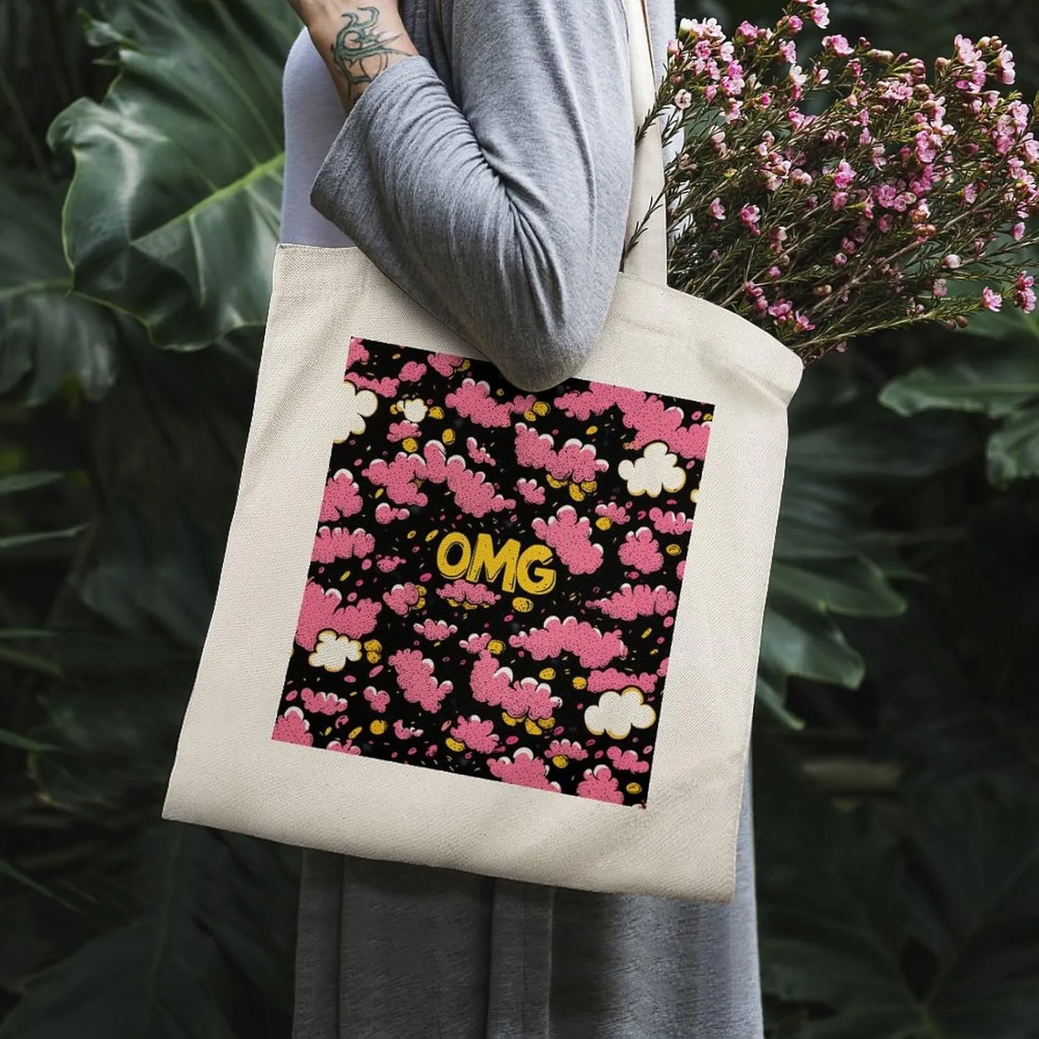 Cute Print Canvas Lightweight Tote Bags Casual Handbags Reusable Grocery Shopping Bag 13.4x15.8in
