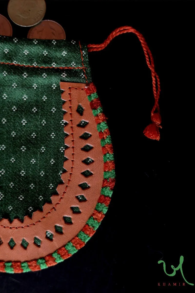 Dark Green-Orange Traditional Mashru Drawstring Potli Coin Pouch