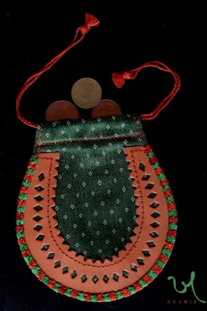 Dark Green-Orange Traditional Mashru Drawstring Potli Coin Pouch