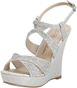 David's Bridal High Heel Wedge Sandal with Crystal Embellishment Style BALLE8, Silver Metallic, 8