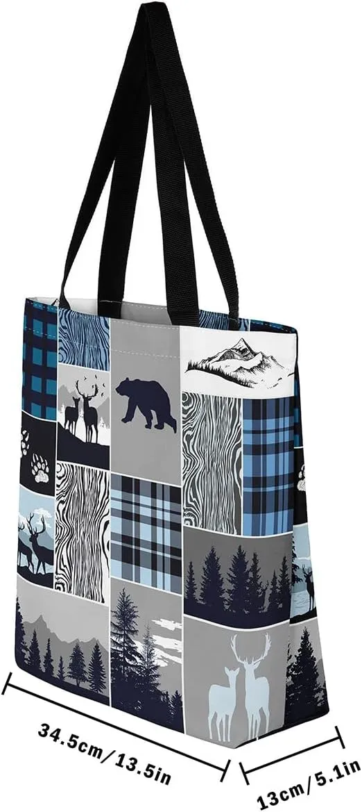 Deer Bear Canvas Tote Bag, Rustic Farmhouse Tote Bag Cabin Wildlife Shopping Grocery Bags
