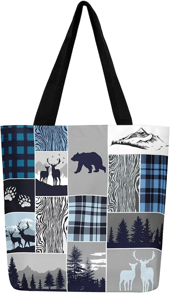 Deer Bear Canvas Tote Bag, Rustic Farmhouse Tote Bag Cabin Wildlife Shopping Grocery Bags