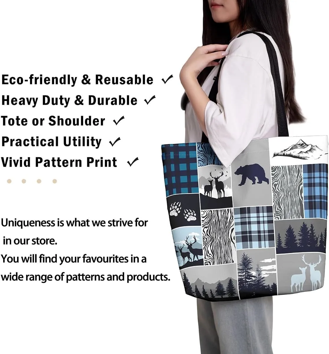 Deer Bear Canvas Tote Bag, Rustic Farmhouse Tote Bag Cabin Wildlife Shopping Grocery Bags