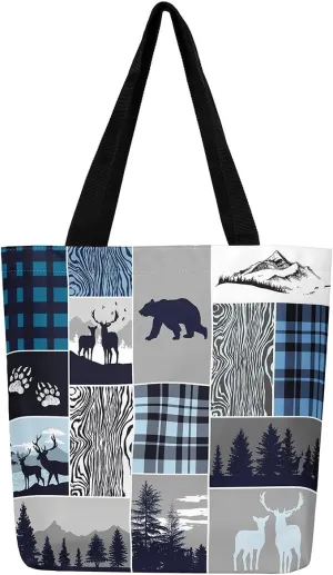 Deer Bear Canvas Tote Bag, Rustic Farmhouse Tote Bag Cabin Wildlife Shopping Grocery Bags