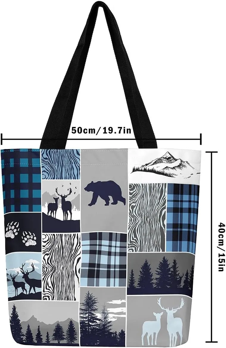 Deer Bear Canvas Tote Bag, Rustic Farmhouse Tote Bag Cabin Wildlife Shopping Grocery Bags