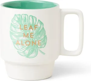 DesignWorks Ink Vintage Sass Stackable Ceramic Mug with Handle, Green Cup with Gold Accents Leaf Me Alone Funny Pun Office Gift Cute Decorative Coffee Mug, 12-Ounce