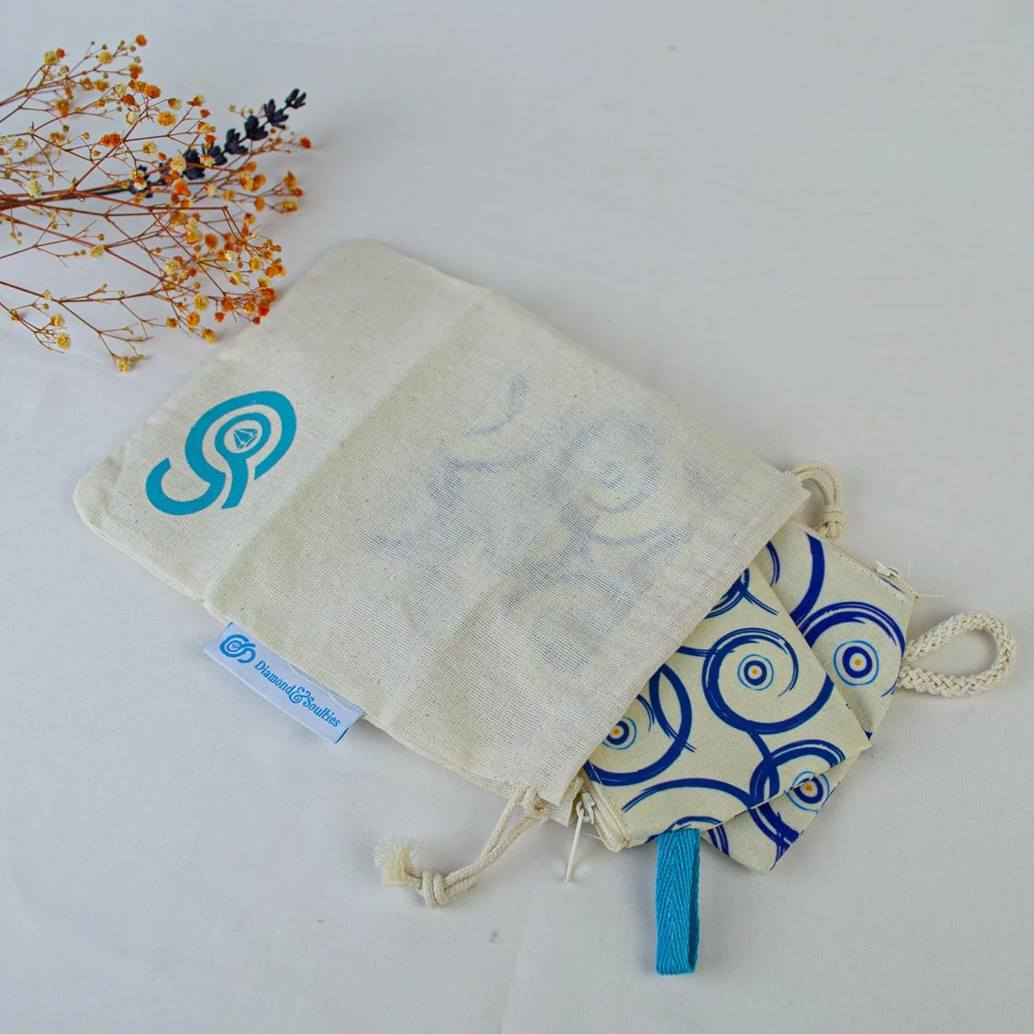 Diamond & Soulties Stylish and Durable Cotton Pouch, Versatile and Practical Evil Eye Makeup Pouch, Handbag, Travel Bag, Everyday Bag 2 PCS (Perge)