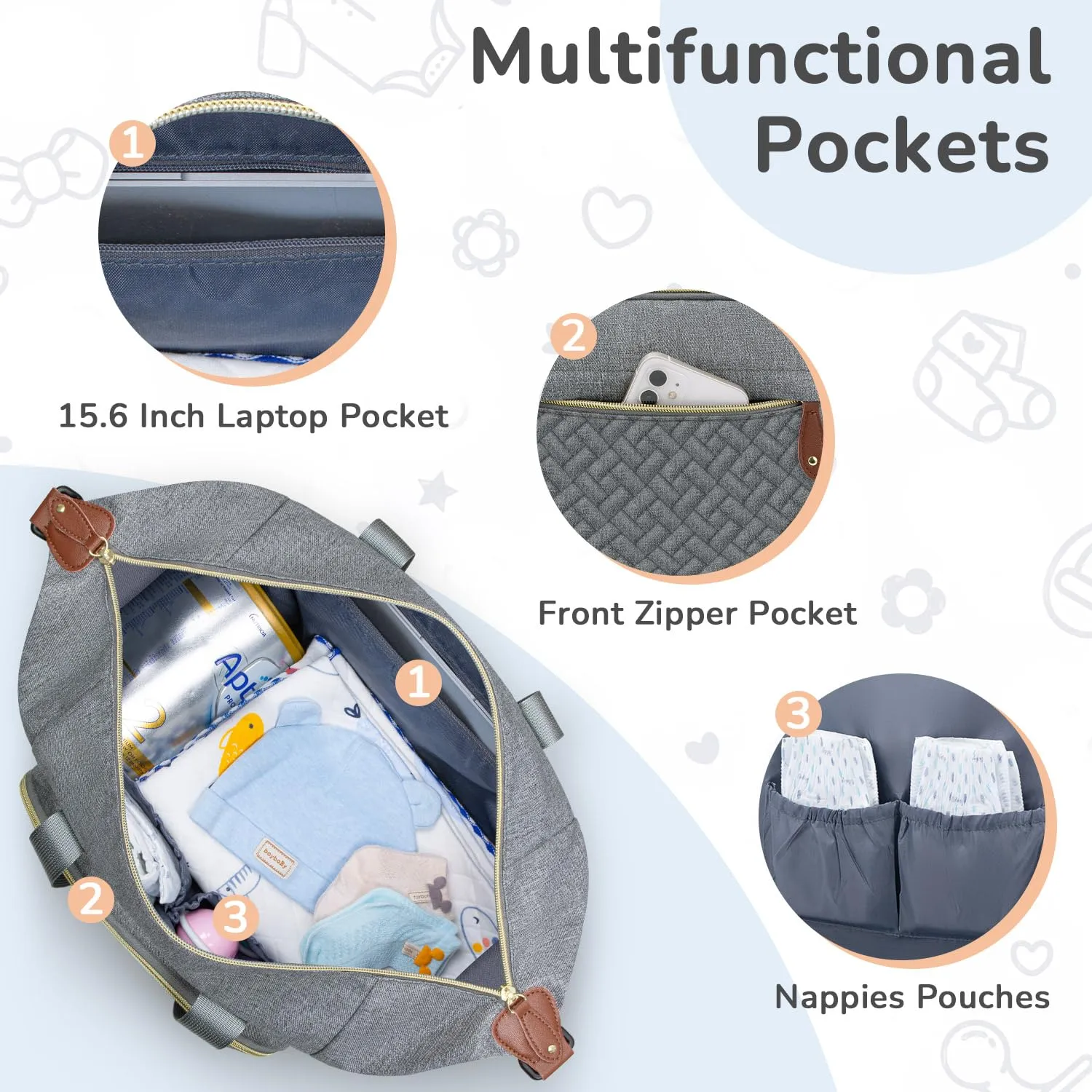 Diaper Bag Tote, Baby Bag Travel Diaper Tote Bag with Pacifier Case, Cute Maternity Hospital Baby Stylish Diaper Tote for Mom Dad Grey