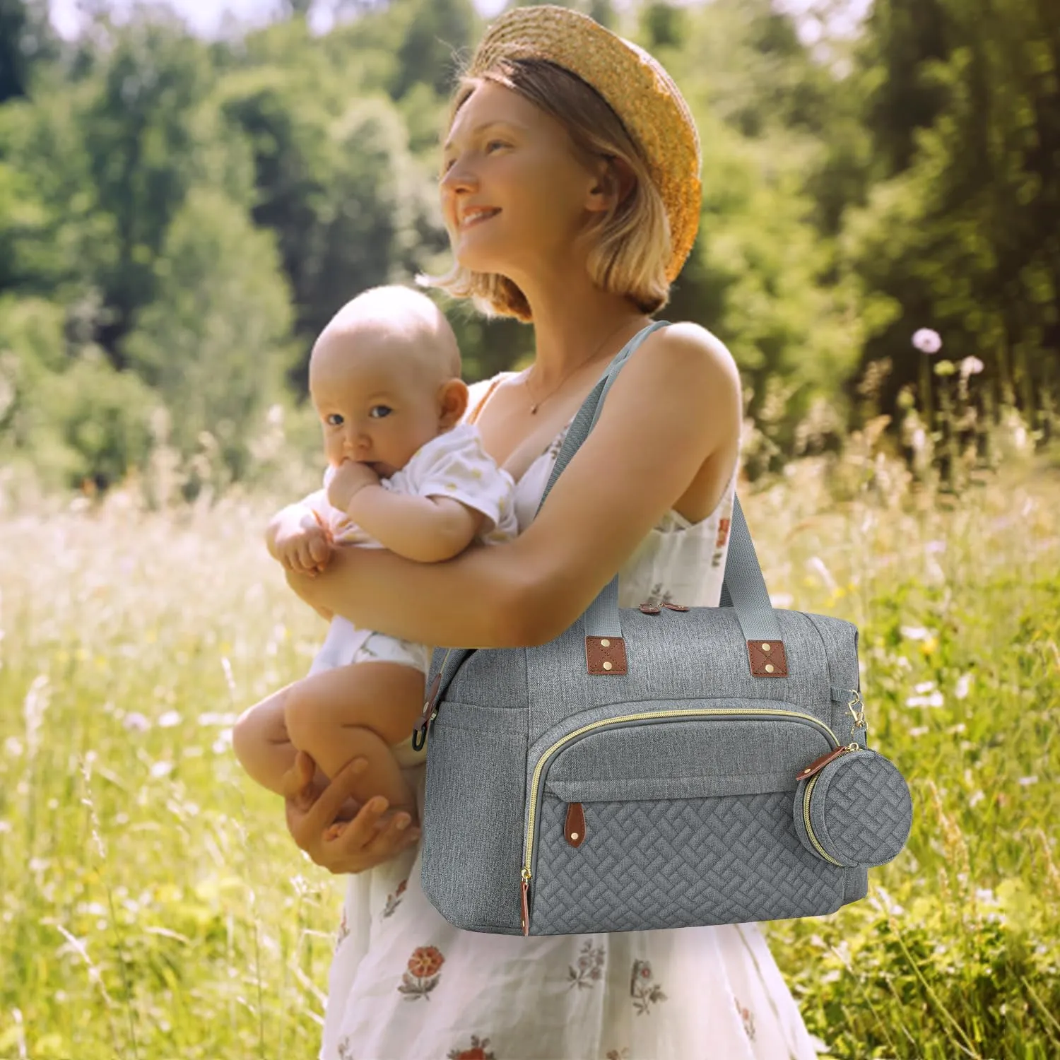 Diaper Bag Tote, Baby Bag Travel Diaper Tote Bag with Pacifier Case, Cute Maternity Hospital Baby Stylish Diaper Tote for Mom Dad Grey