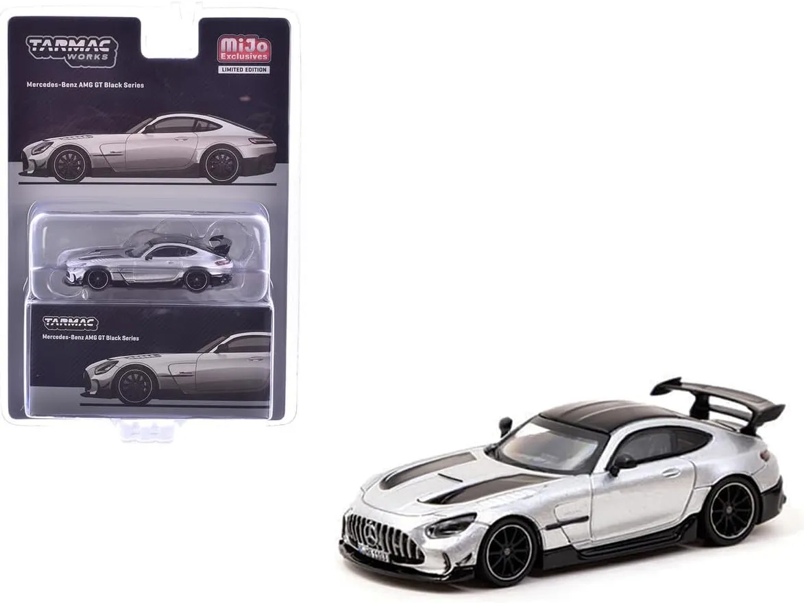 Diecast Model Car Compatible with Tarmac Works 1:64 Mercedes-Benz AMG GT Black Series Silver Metallic with Black Hood Stripes and Top Global64 Series Limited Edition T64G-042-SL