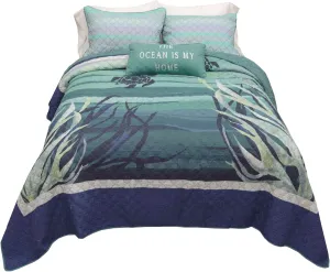 Donna Sharp King Quilt - Summer Surf Cotton Coastal Quilt with Blue Pattern - Machine Washable