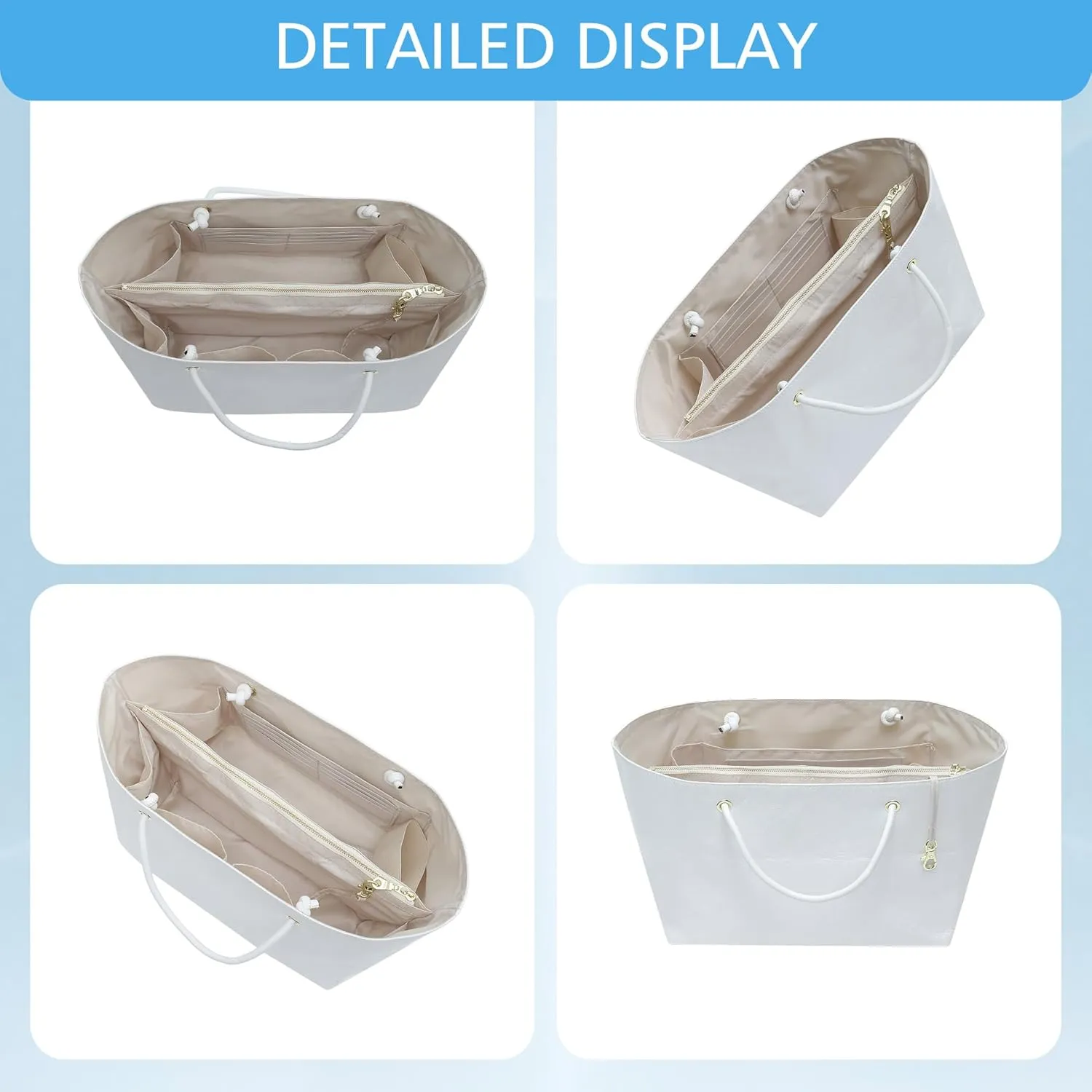Doxo Purse Organizer Insert for Longchamp LePliage Tote Large, White, Lightweight Handled Bag Shaper with Key Leash& 16Compartments, Upgraded Elastic Cup Holder(White，L)