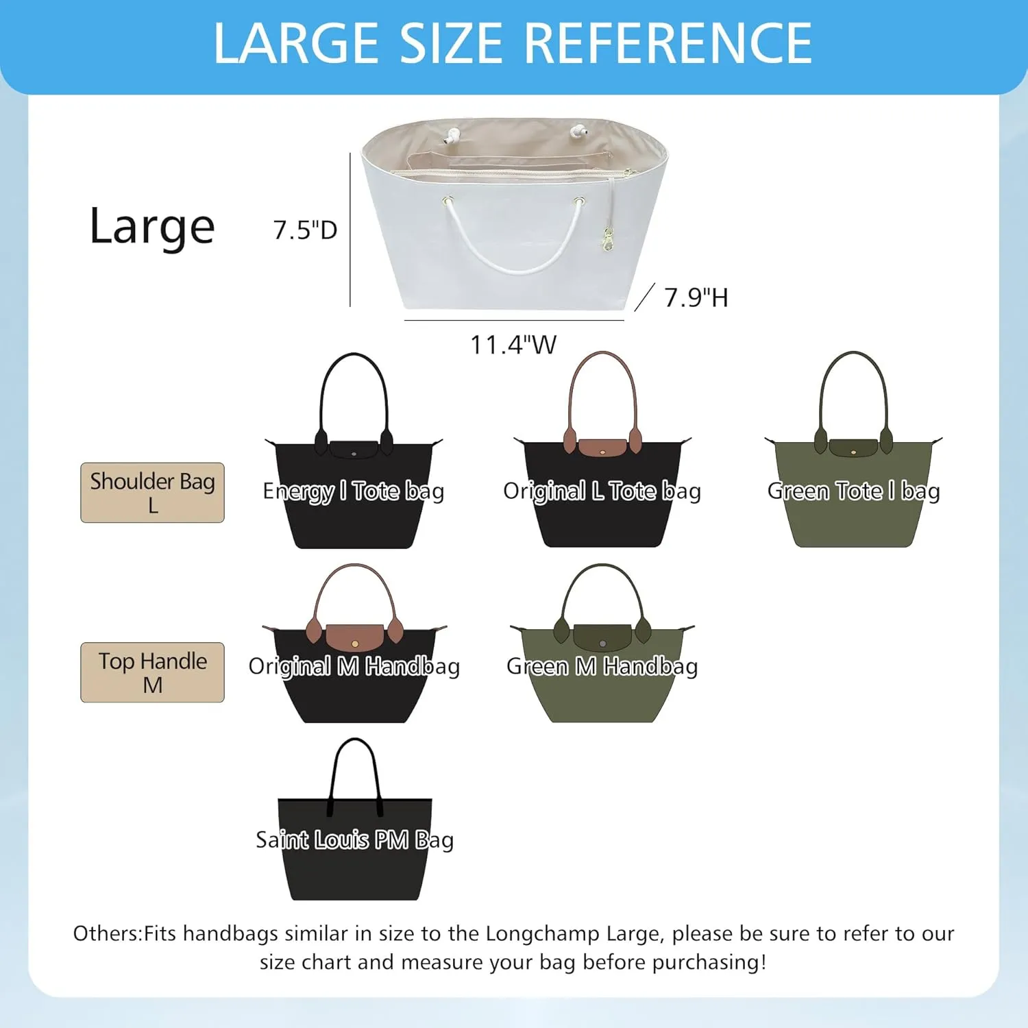 Doxo Purse Organizer Insert for Longchamp LePliage Tote Large, White, Lightweight Handled Bag Shaper with Key Leash& 16Compartments, Upgraded Elastic Cup Holder(White，L)