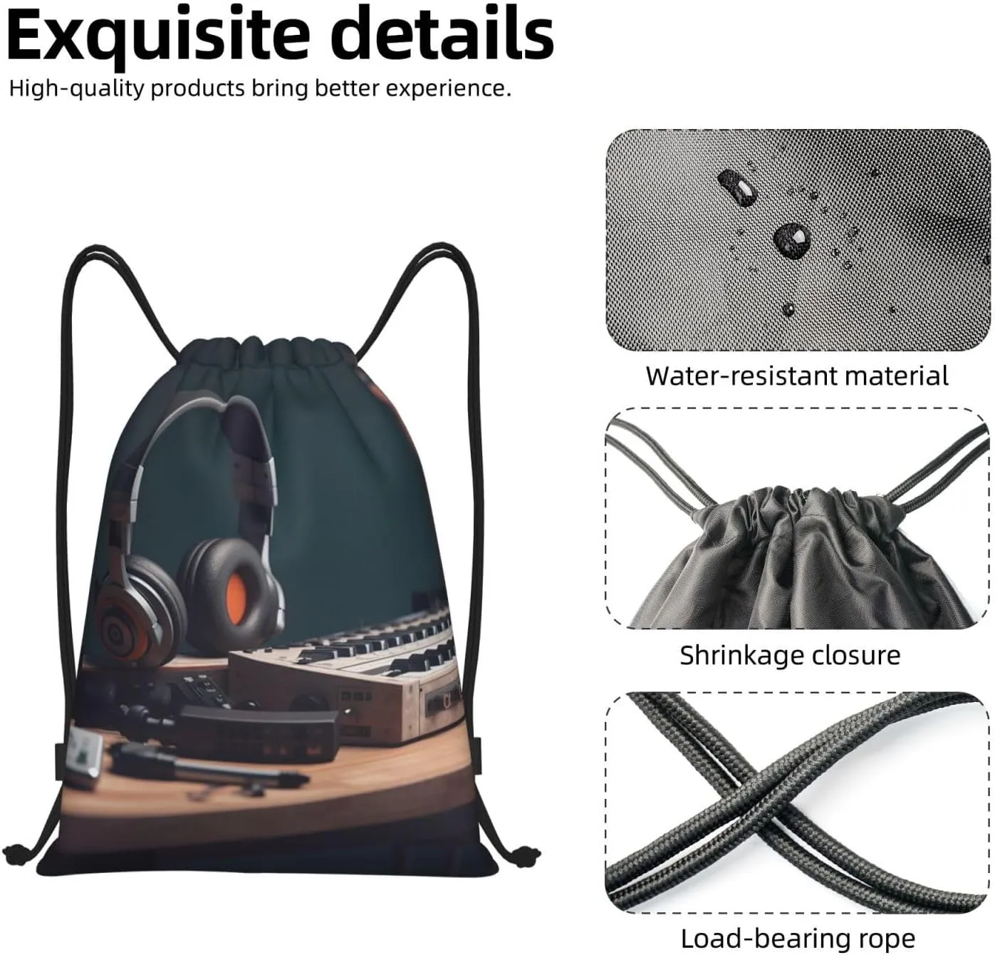Drawstring Backpack Bags Waterproof String Bag Recorder with Headphones Sports Gym Sackpack Lightweight Cinch Sack