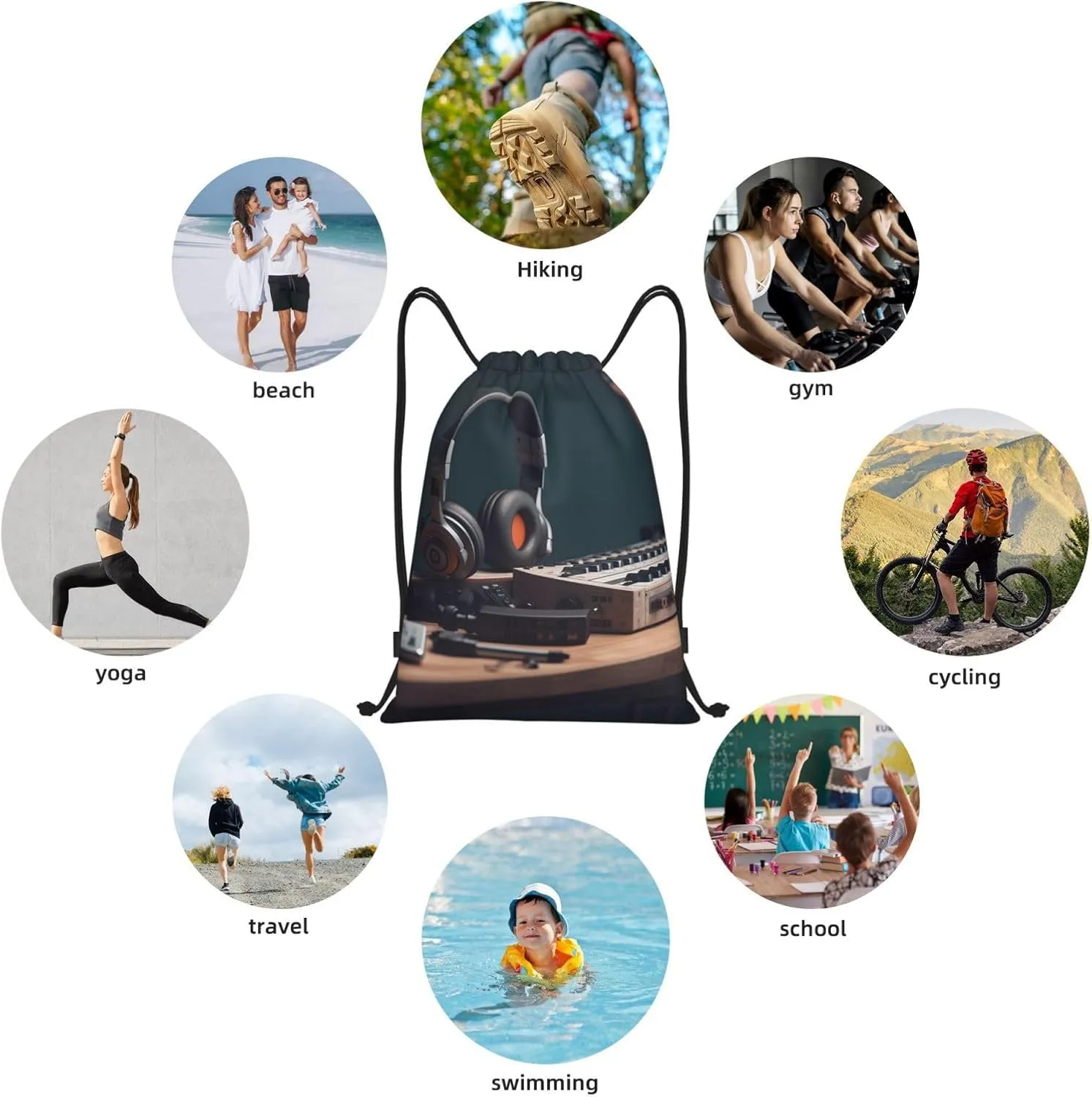 Drawstring Backpack Bags Waterproof String Bag Recorder with Headphones Sports Gym Sackpack Lightweight Cinch Sack