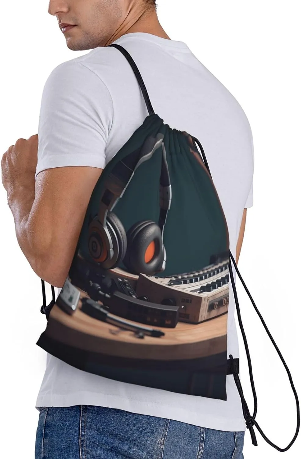 Drawstring Backpack Bags Waterproof String Bag Recorder with Headphones Sports Gym Sackpack Lightweight Cinch Sack