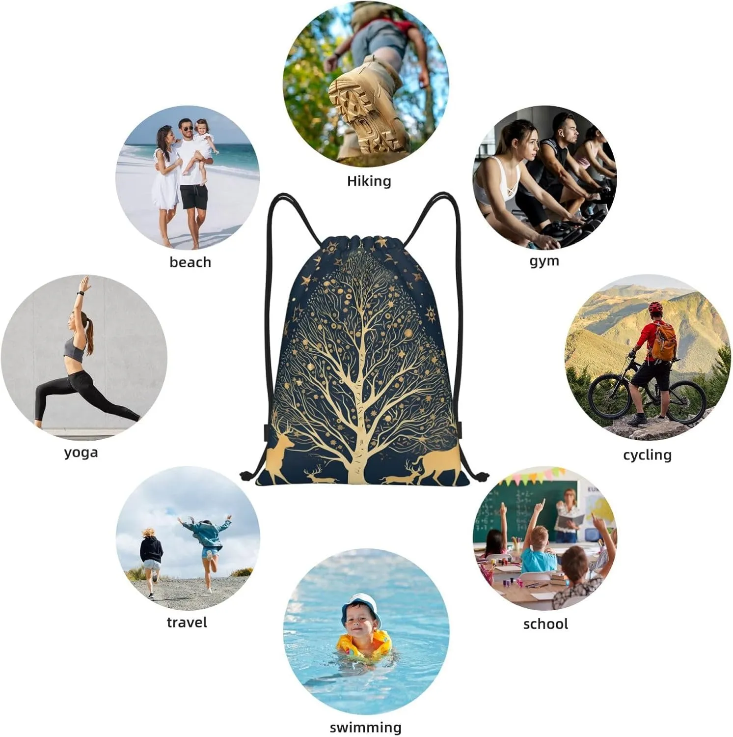 Drawstring Backpack Foldable Backpack Golden Deer Silhouette Sports Gym Bag for Women Men String Bag