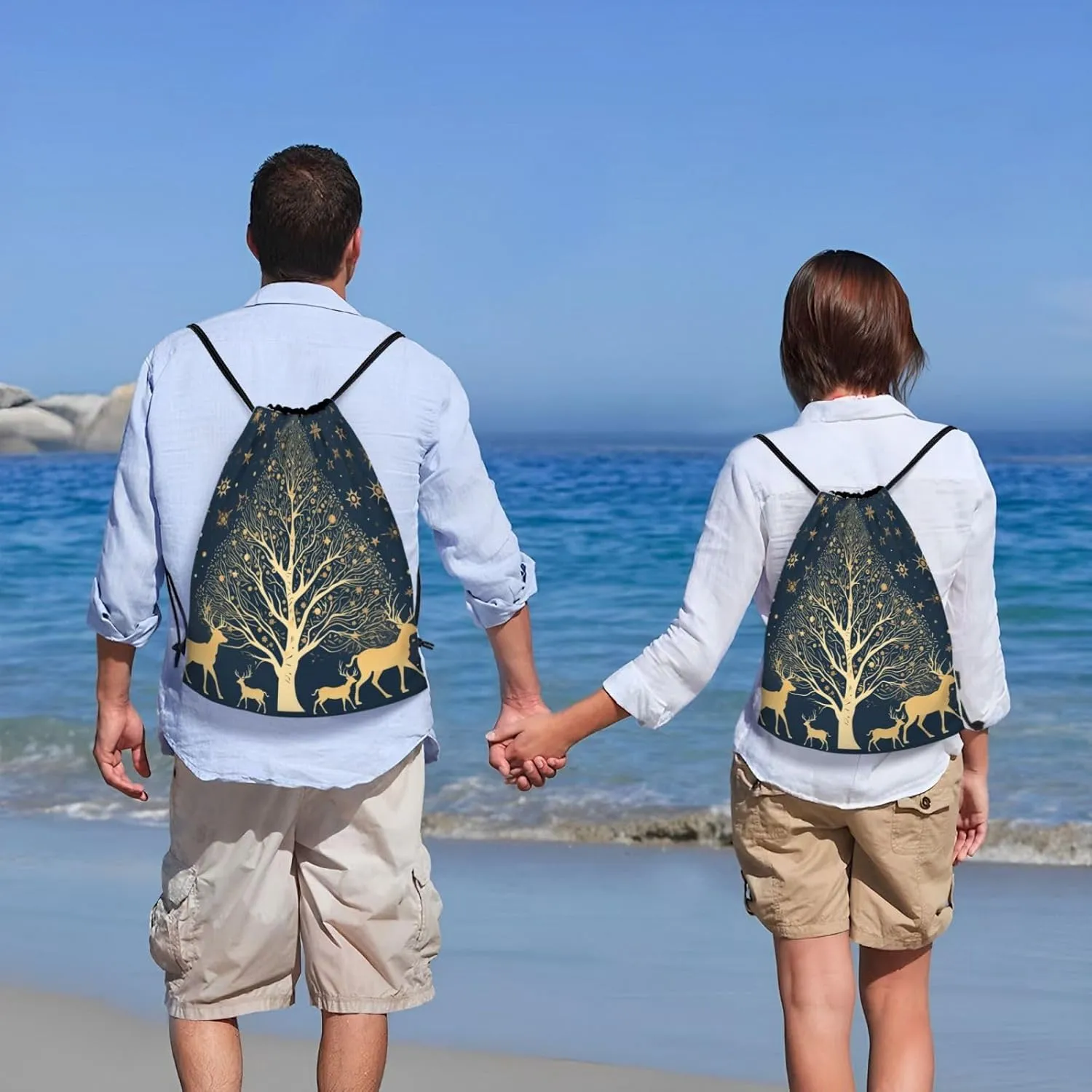 Drawstring Backpack Foldable Backpack Golden Deer Silhouette Sports Gym Bag for Women Men String Bag