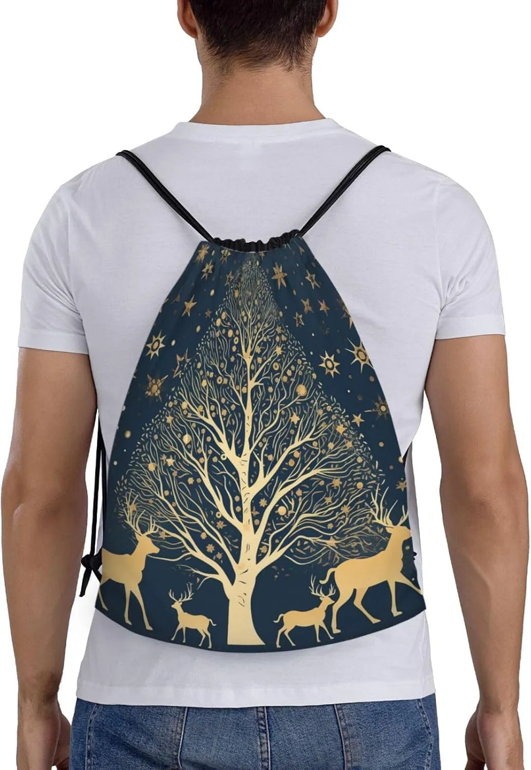Drawstring Backpack Foldable Backpack Golden Deer Silhouette Sports Gym Bag for Women Men String Bag