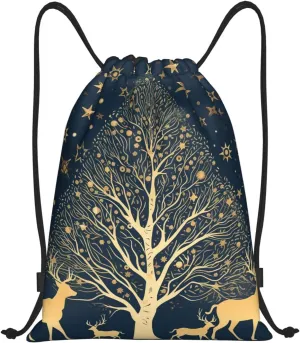 Drawstring Backpack Foldable Backpack Golden Deer Silhouette Sports Gym Bag for Women Men String Bag