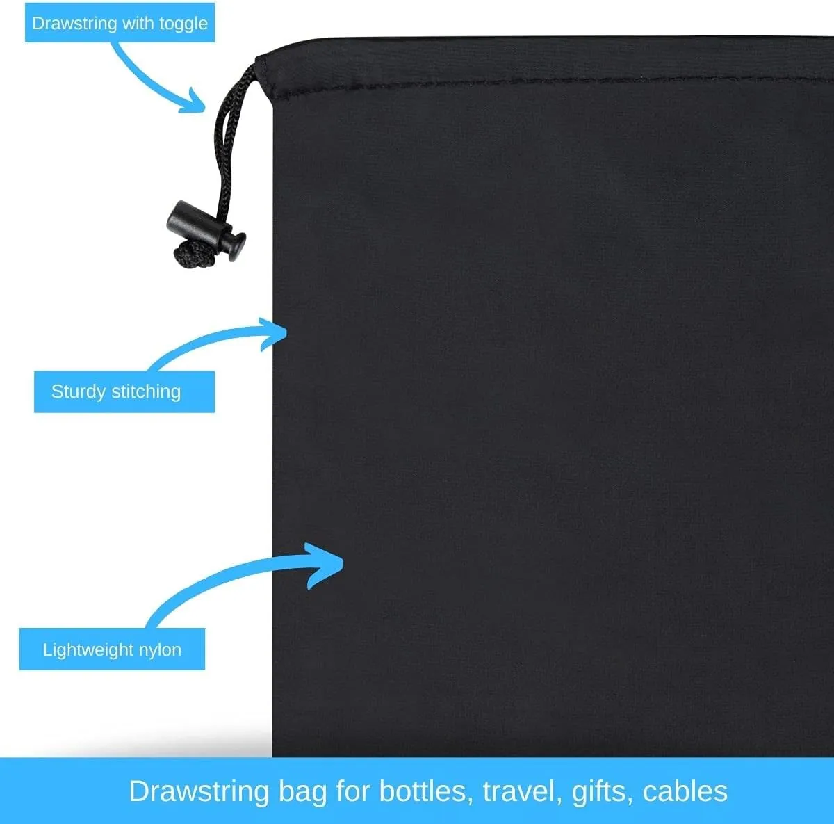 Drawstring Bag - UltraLight Nylon Cinch and Ditty Pouch For Packing, Storing, Goodie Bag (5 pack, Black, 7 x 9 inch)