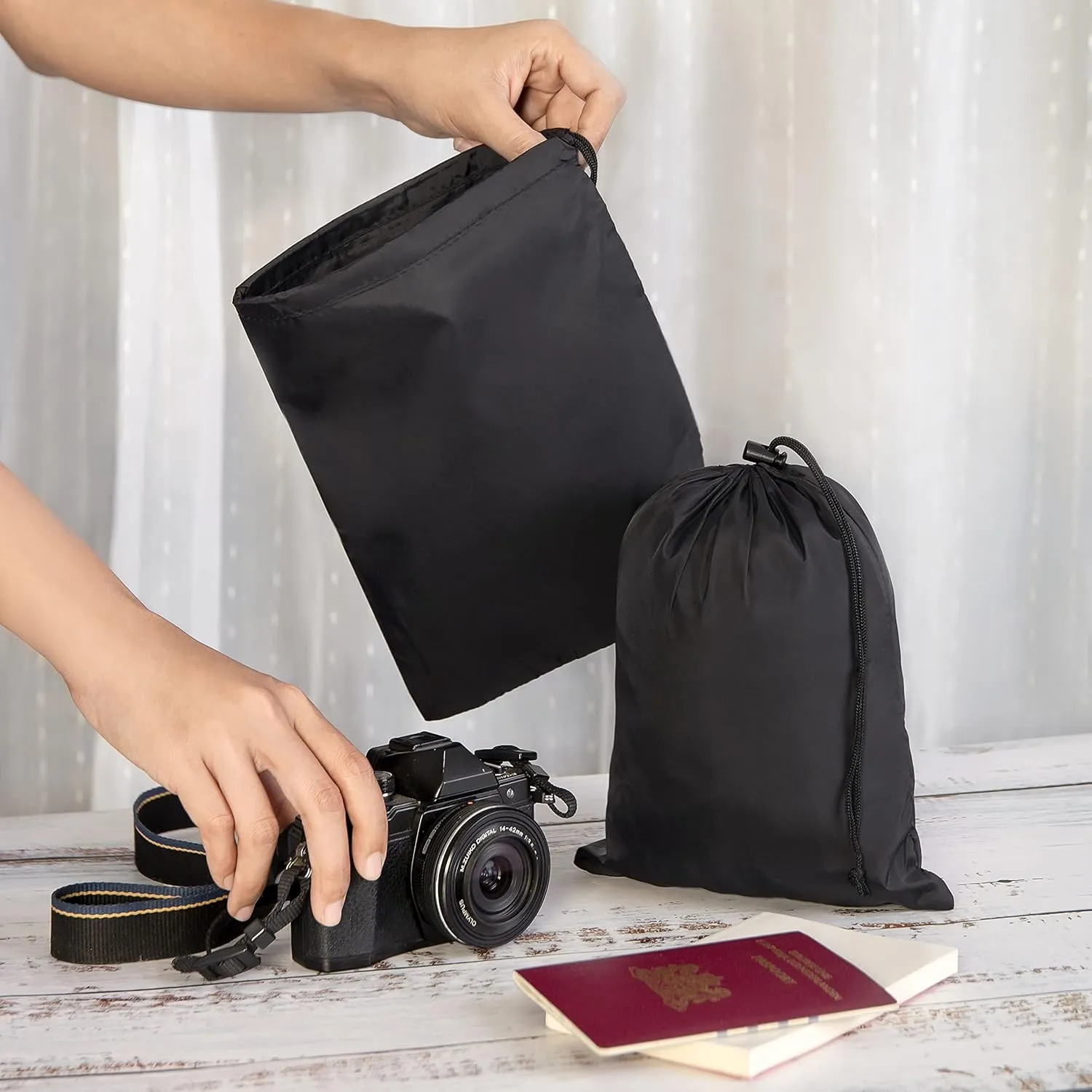 Drawstring Bag - UltraLight Nylon Cinch and Ditty Pouch For Packing, Storing, Goodie Bag (5 pack, Black, 7 x 9 inch)