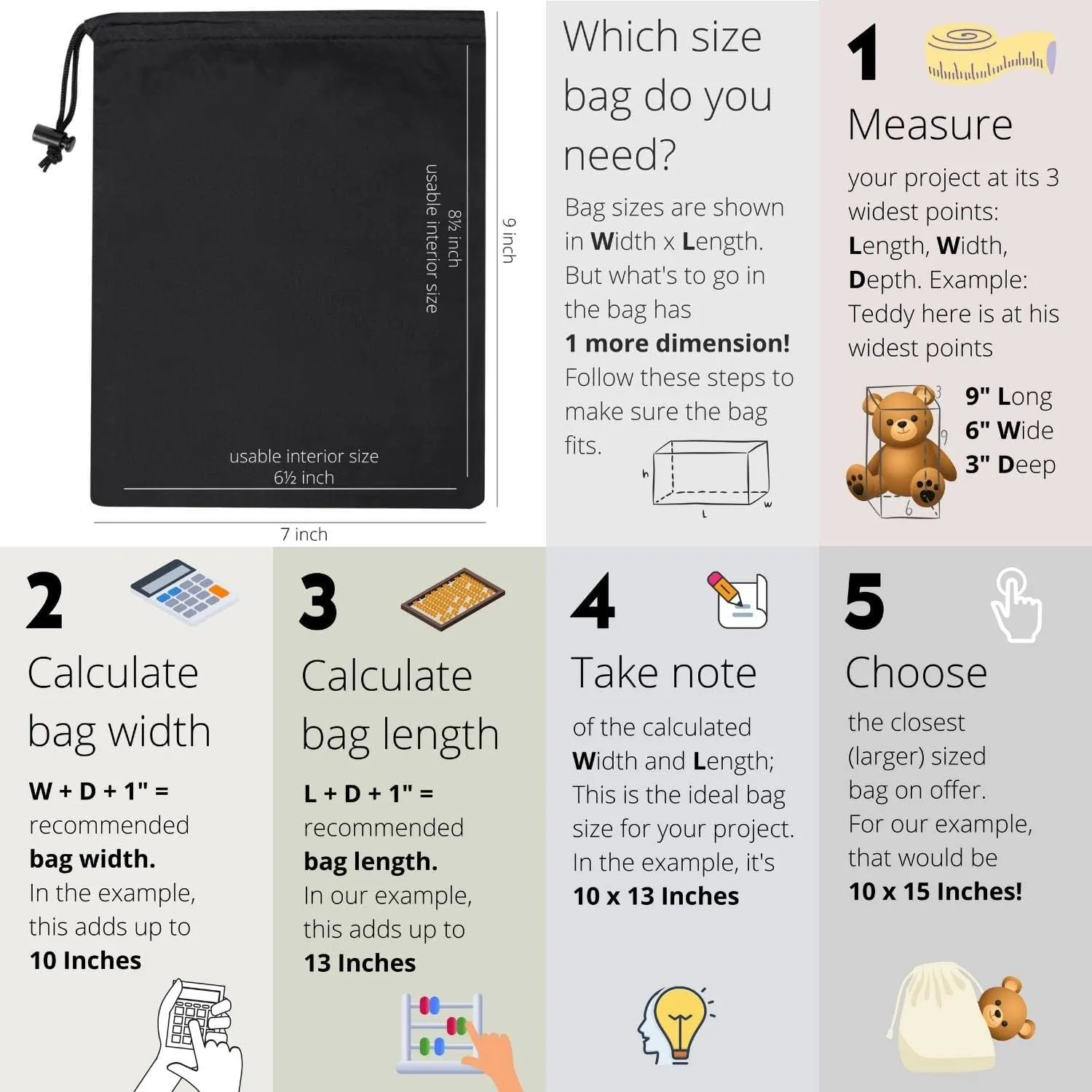 Drawstring Bag - UltraLight Nylon Cinch and Ditty Pouch For Packing, Storing, Goodie Bag (5 pack, Black, 7 x 9 inch)