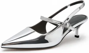 DREAMCIA Metallic Silver Slingback Heels for Women Women's Slingback Kitten Heel with Pointed Toe Heels Buckle Strap Wide Width Silver Shoes Pumps Silver 11