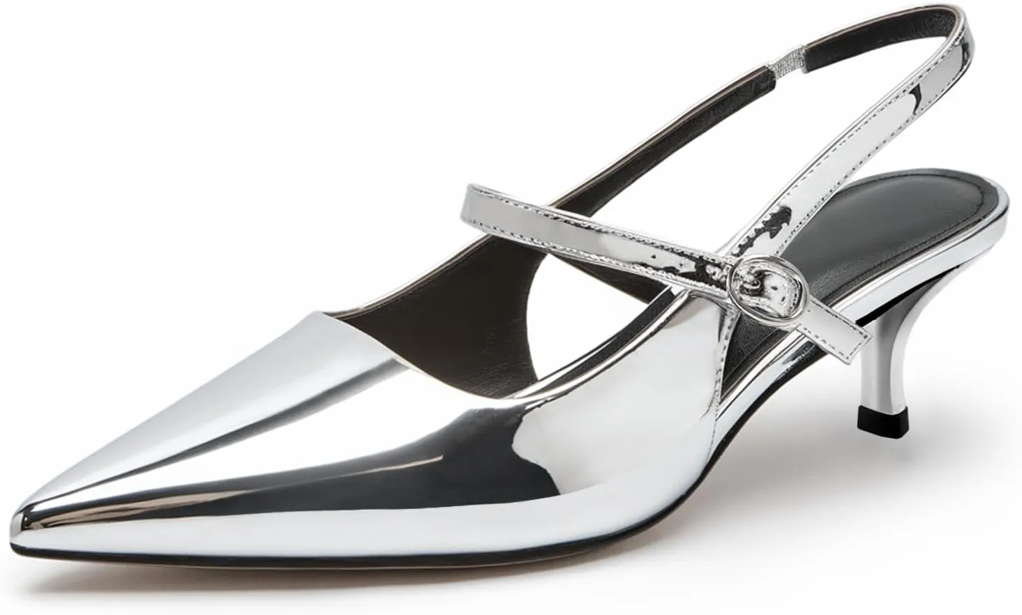 DREAMCIA Metallic Silver Slingback Heels for Women Women's Slingback Kitten Heel with Pointed Toe Heels Buckle Strap Wide Width Silver Shoes Pumps Silver 11