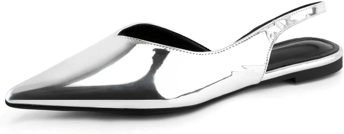 DREAMCIA Slingback Flats Shoes Metallic Silver Shoes for Women with Pointed Toe Silver Size 10.5