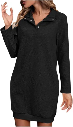Dresses for Women Fall Winter V-Neck Rib Solid Button Down Slim Fit Dress Long Sleeve Pullover Outdoor Mini Dresses