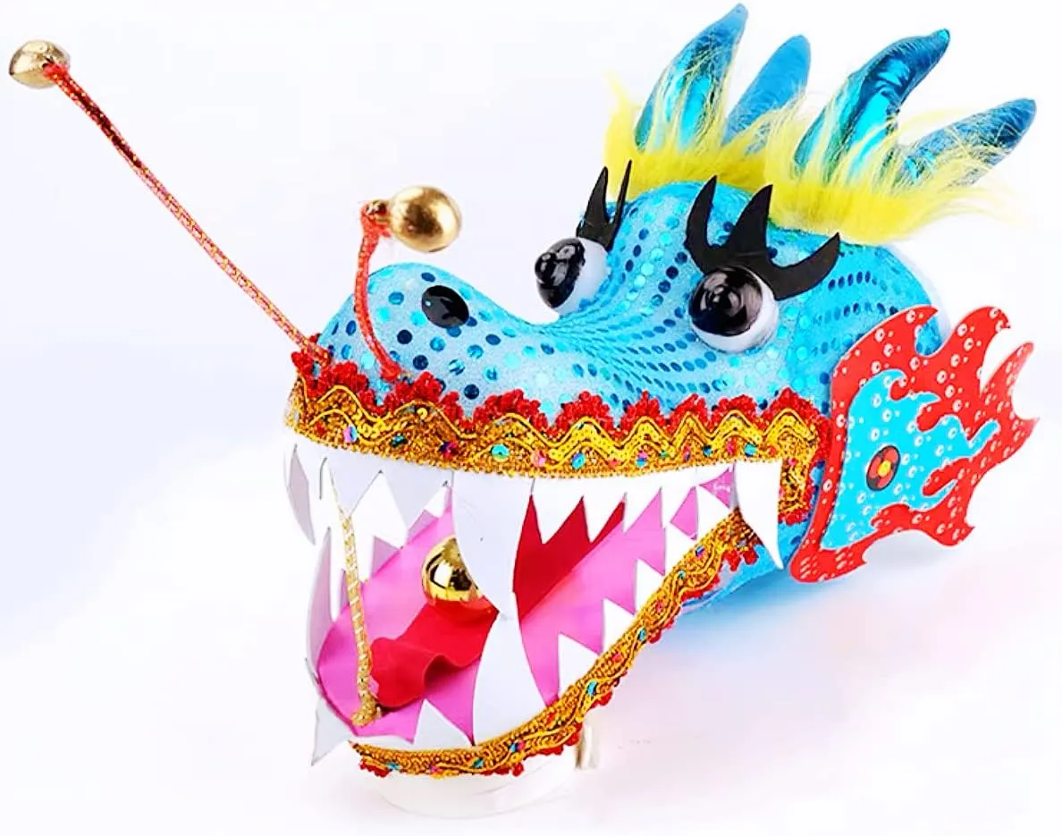 DSJUGGLING 26.2 FT Square Exercise Dance Dragon Poi with 3D Dragon Head and Swing Rope Combo, Chinese Wulong Flowy Ribbon Streamer Outdoor Fitness Dragon Stage Prop Set (Golden Blue)