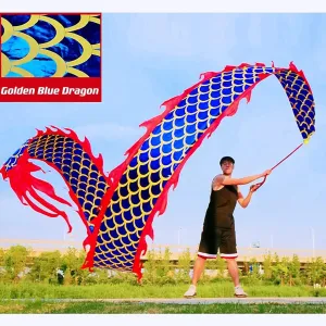 DSJUGGLING 3D Dragon Poi with 340g Weighted Ball & 1.1 Meters Swing Rope - Silk Flowy Shaking & Flinging Chinese Golden Dragon Ribbon Streamer   Travel Bag! (10 Meters (32.8FT), Golden Blue Dragon)