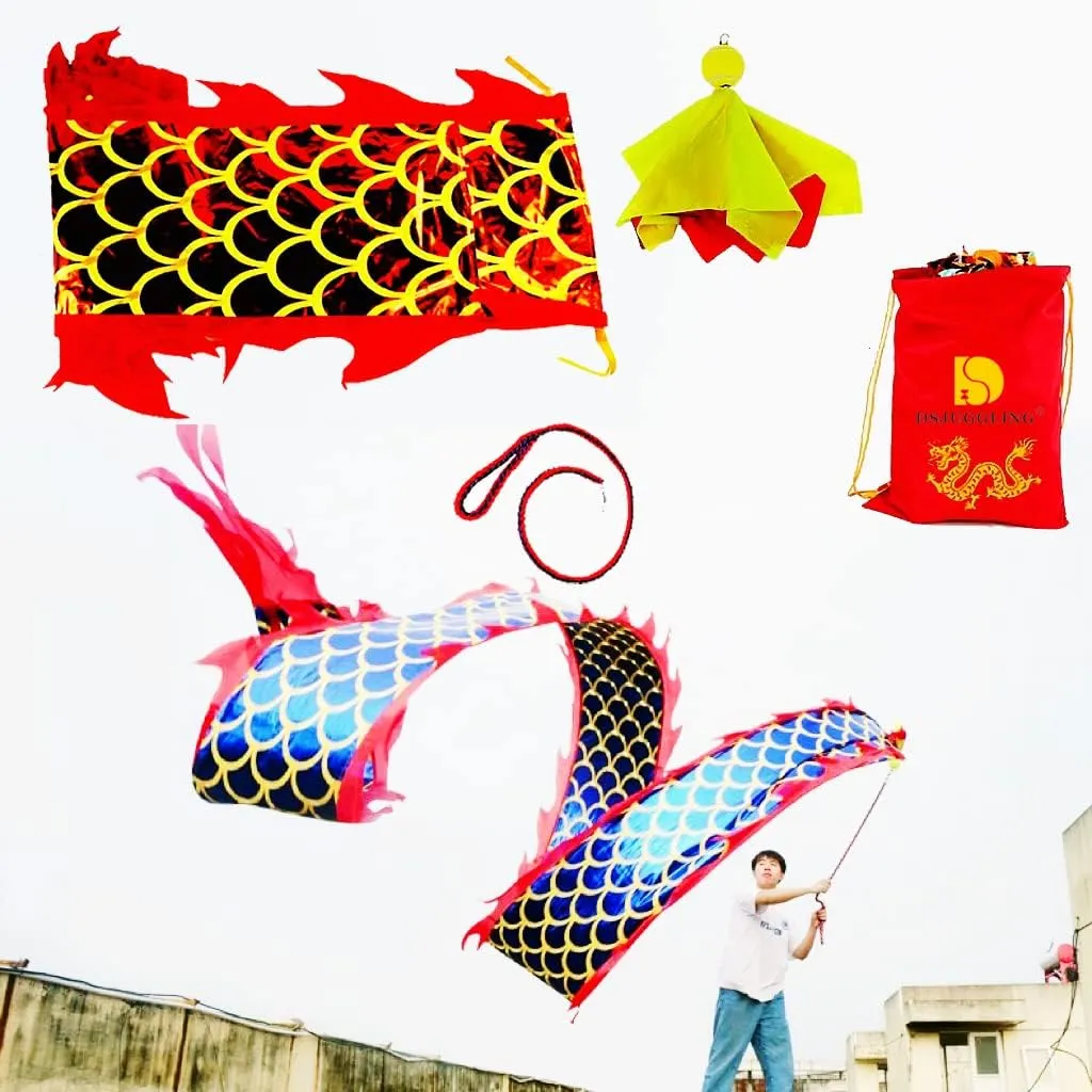DSJUGGLING 3D Dragon Poi with 340g Weighted Ball & 1.1 Meters Swing Rope - Silk Flowy Shaking & Flinging Chinese Golden Dragon Ribbon Streamer   Travel Bag! (6 Meters (19.6 FT), Golden Blue Dragon)