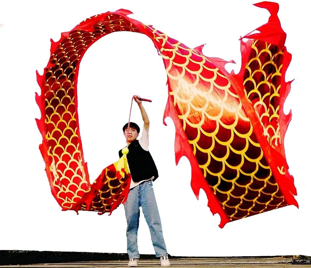 DSJUGGLING 3D Dragon Poi with 340g Weighted Ball & 1.1 Meters Swing Rope - Silk Flowy Shaking & Flinging Chinese Golden Dragon Ribbon Streamer   Travel Bag! (6 Meters (19.6 FT), Golden Red Dragon)
