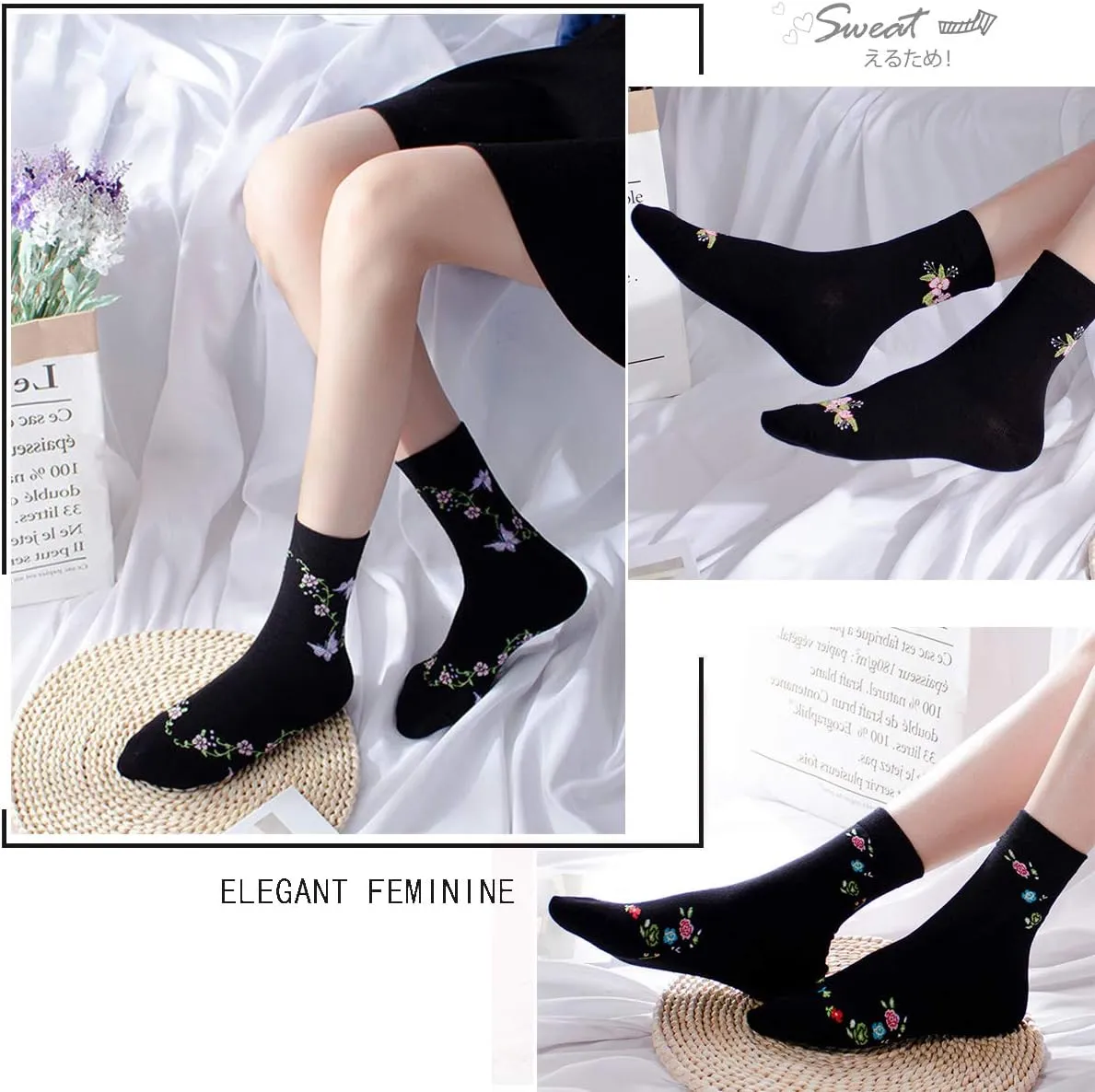 DXYAKY 5 Pairs Womens Vintage Floral Cotton Socks Novelty Patterned Dress Socks Ladies Embroidered Casual Crew Ankle Socks