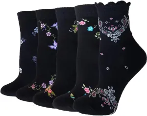 DXYAKY 5 Pairs Womens Vintage Floral Cotton Socks Novelty Patterned Dress Socks Ladies Embroidered Casual Crew Ankle Socks