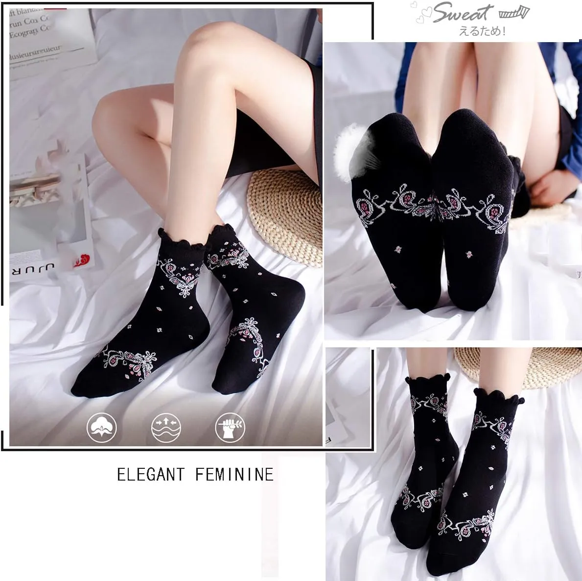 DXYAKY 5 Pairs Womens Vintage Floral Cotton Socks Novelty Patterned Dress Socks Ladies Embroidered Casual Crew Ankle Socks