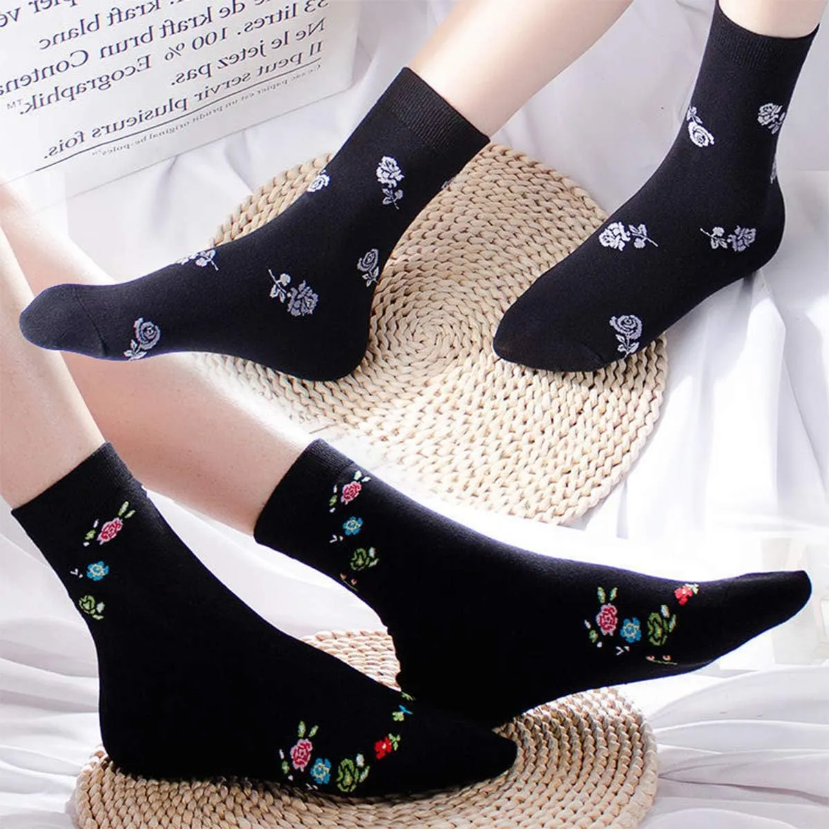 DXYAKY 5 Pairs Womens Vintage Floral Cotton Socks Novelty Patterned Dress Socks Ladies Embroidered Casual Crew Ankle Socks