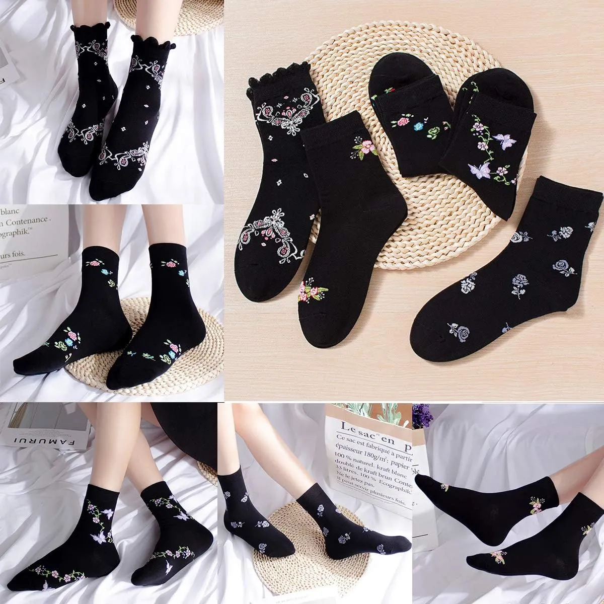DXYAKY 5 Pairs Womens Vintage Floral Cotton Socks Novelty Patterned Dress Socks Ladies Embroidered Casual Crew Ankle Socks