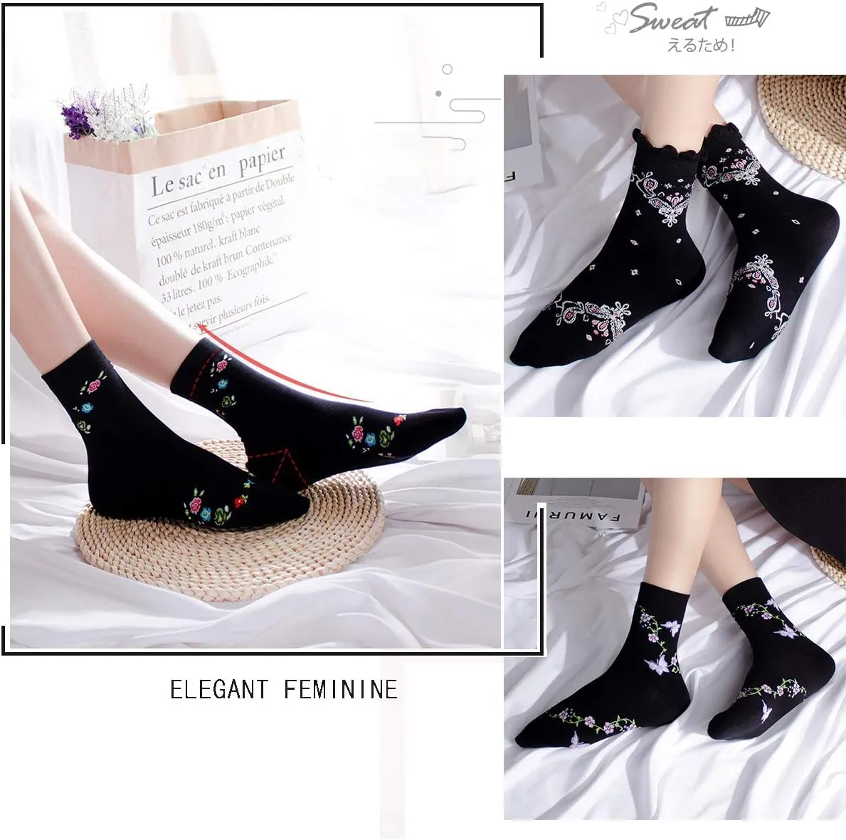 DXYAKY 5 Pairs Womens Vintage Floral Cotton Socks Novelty Patterned Dress Socks Ladies Embroidered Casual Crew Ankle Socks