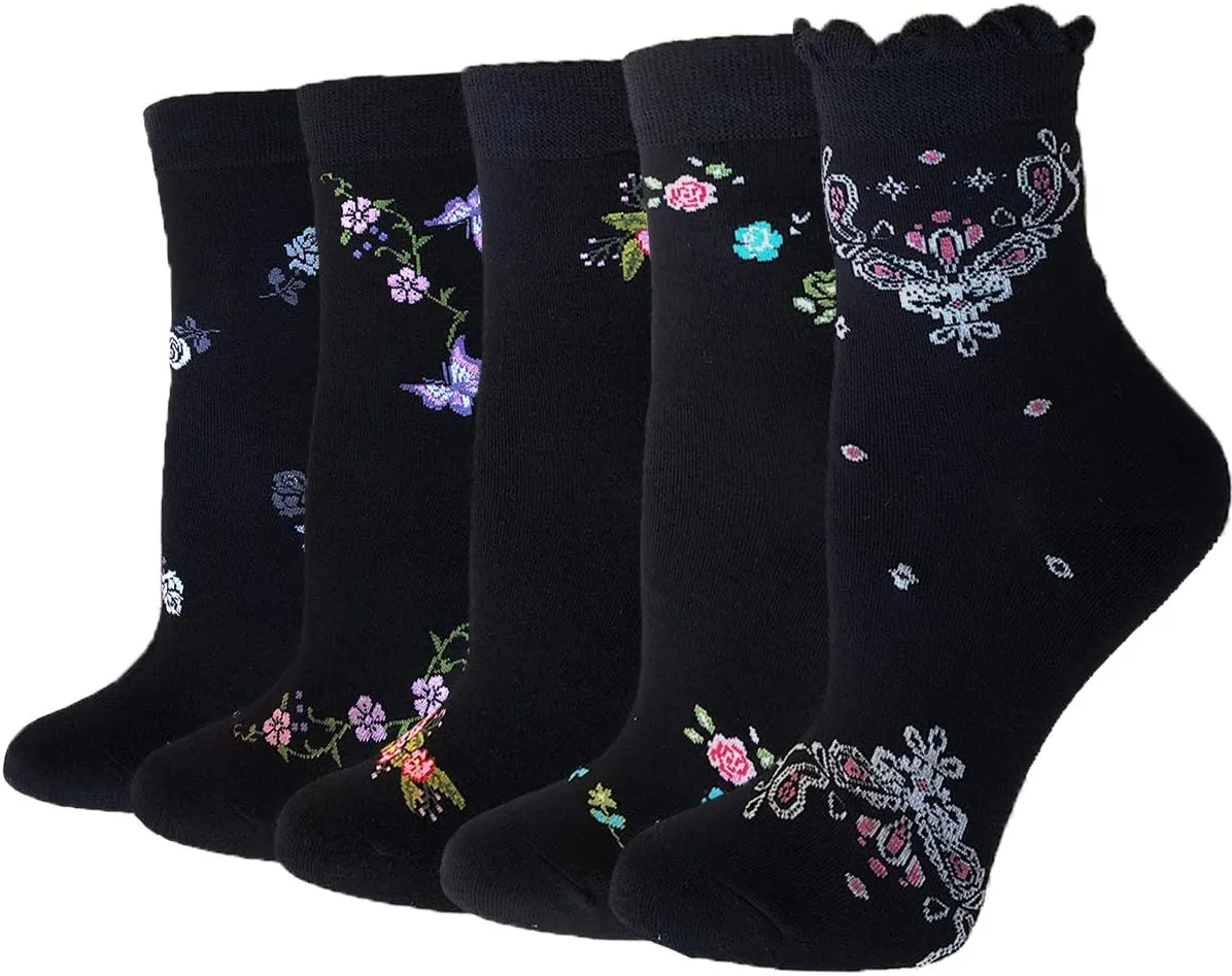 DXYAKY 5 Pairs Womens Vintage Floral Cotton Socks Novelty Patterned Dress Socks Ladies Embroidered Casual Crew Ankle Socks