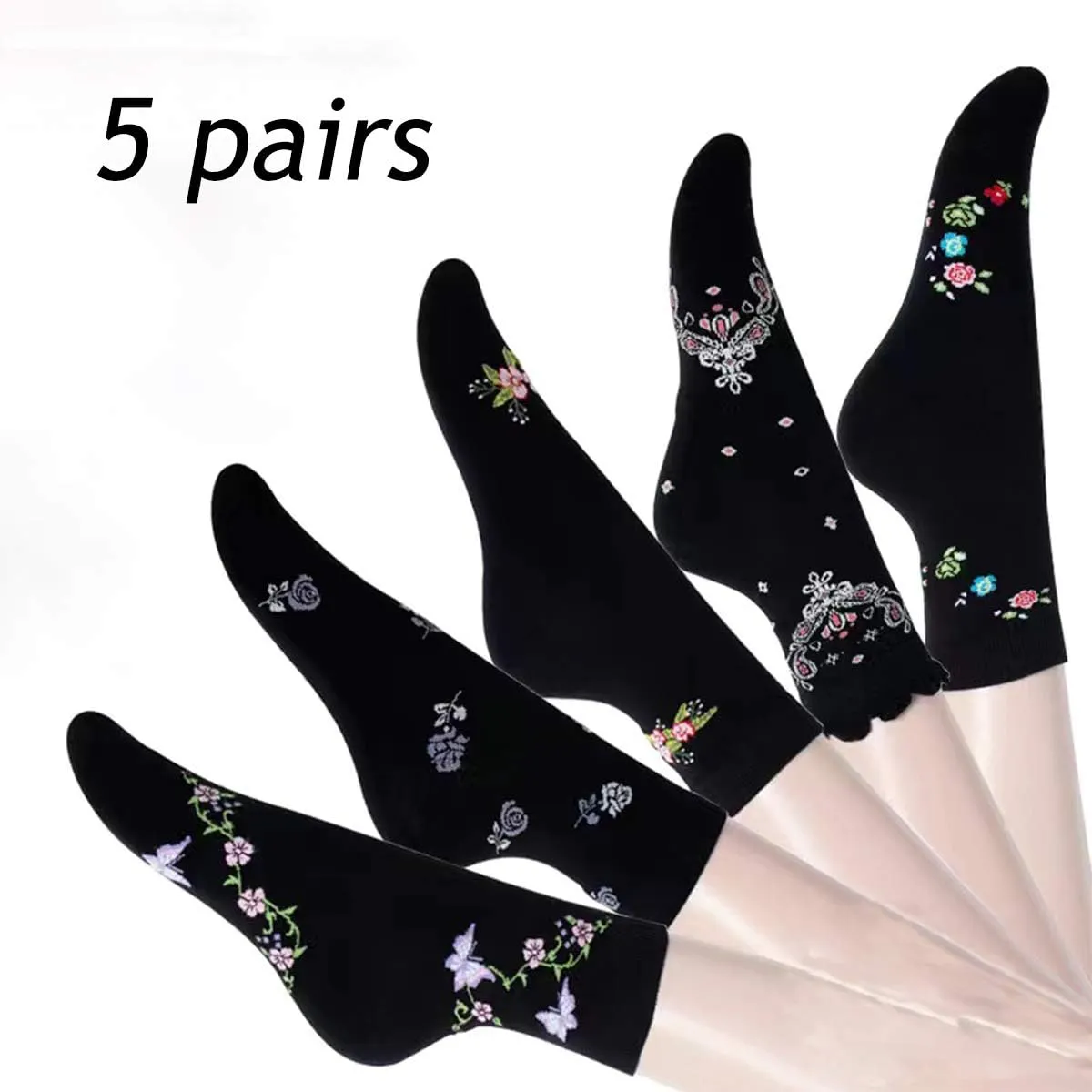 DXYAKY 5 Pairs Womens Vintage Floral Cotton Socks Novelty Patterned Dress Socks Ladies Embroidered Casual Crew Ankle Socks
