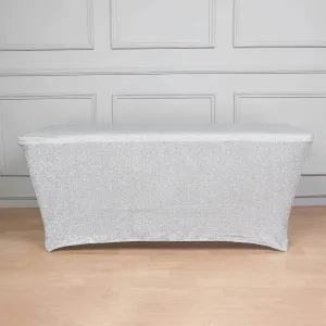 Efavormart 6ft Metallic Silver Glitter Rectangular Spandex Fitted Table Cover, Stretch Fit Tablecloth