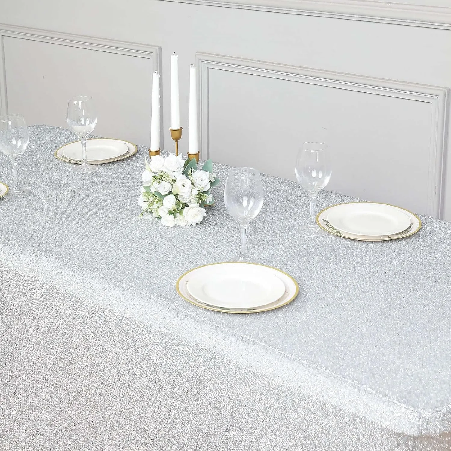 Efavormart 6ft Metallic Silver Glitter Rectangular Spandex Fitted Table Cover, Stretch Fit Tablecloth