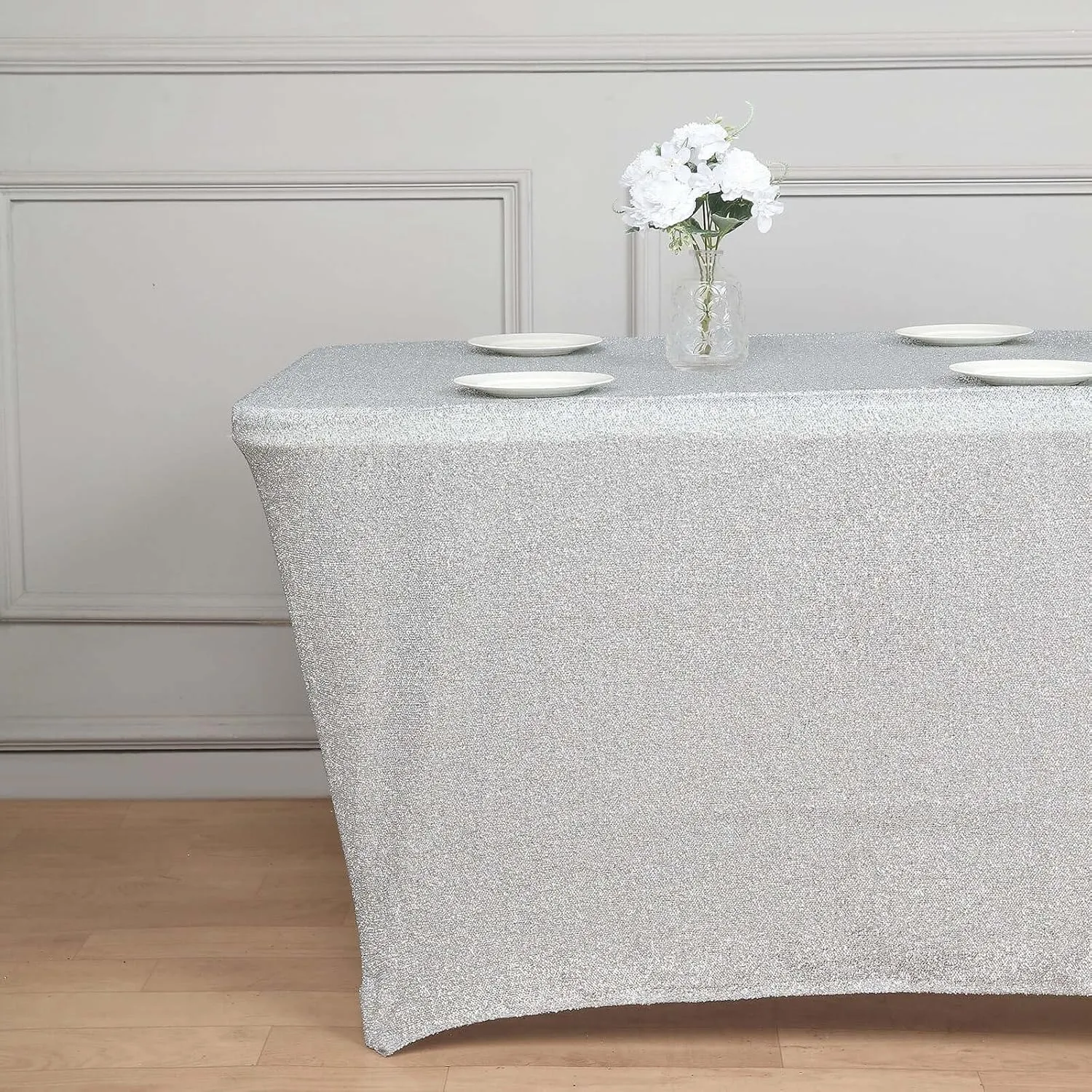 Efavormart 6ft Metallic Silver Glitter Rectangular Spandex Fitted Table Cover, Stretch Fit Tablecloth