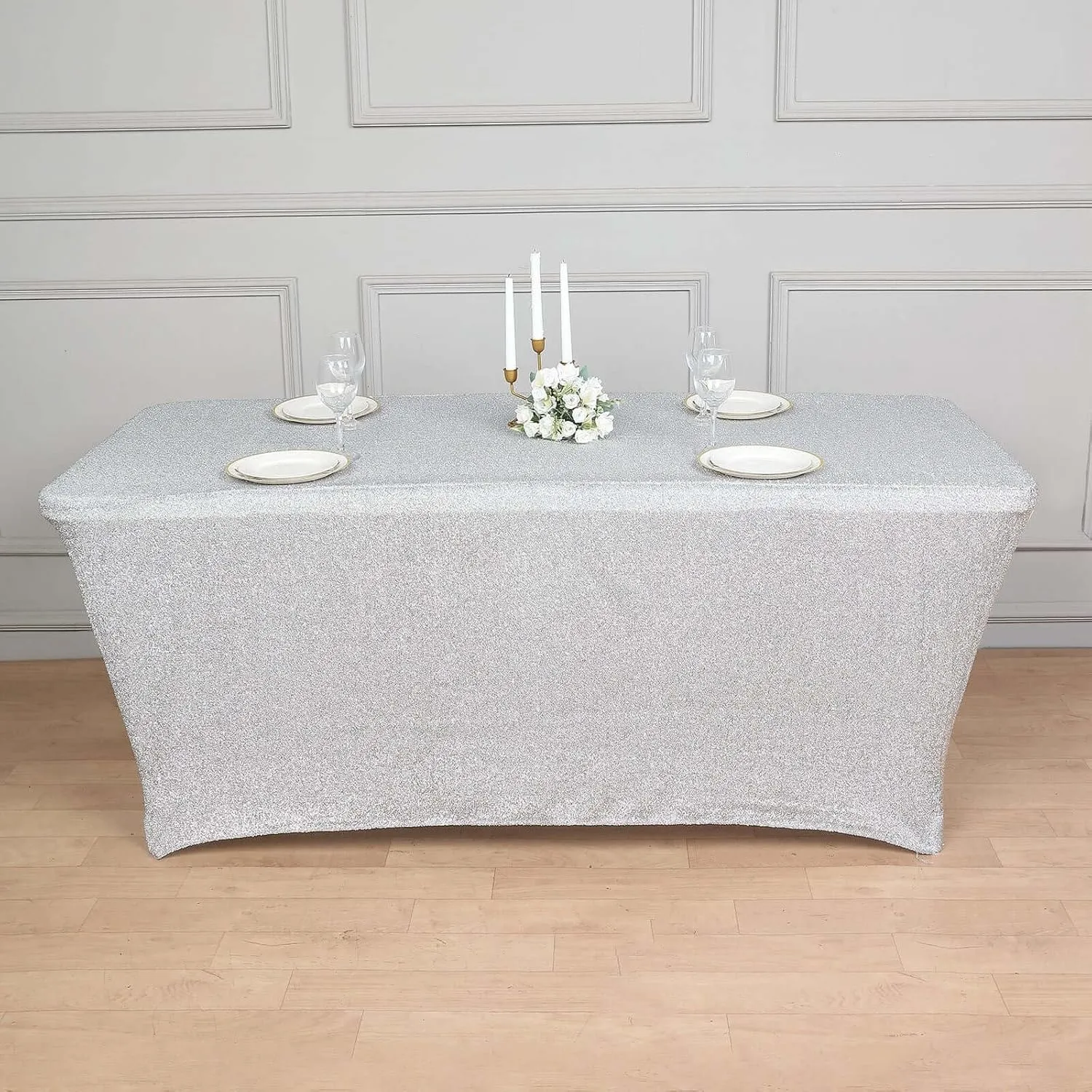 Efavormart 6ft Metallic Silver Glitter Rectangular Spandex Fitted Table Cover, Stretch Fit Tablecloth